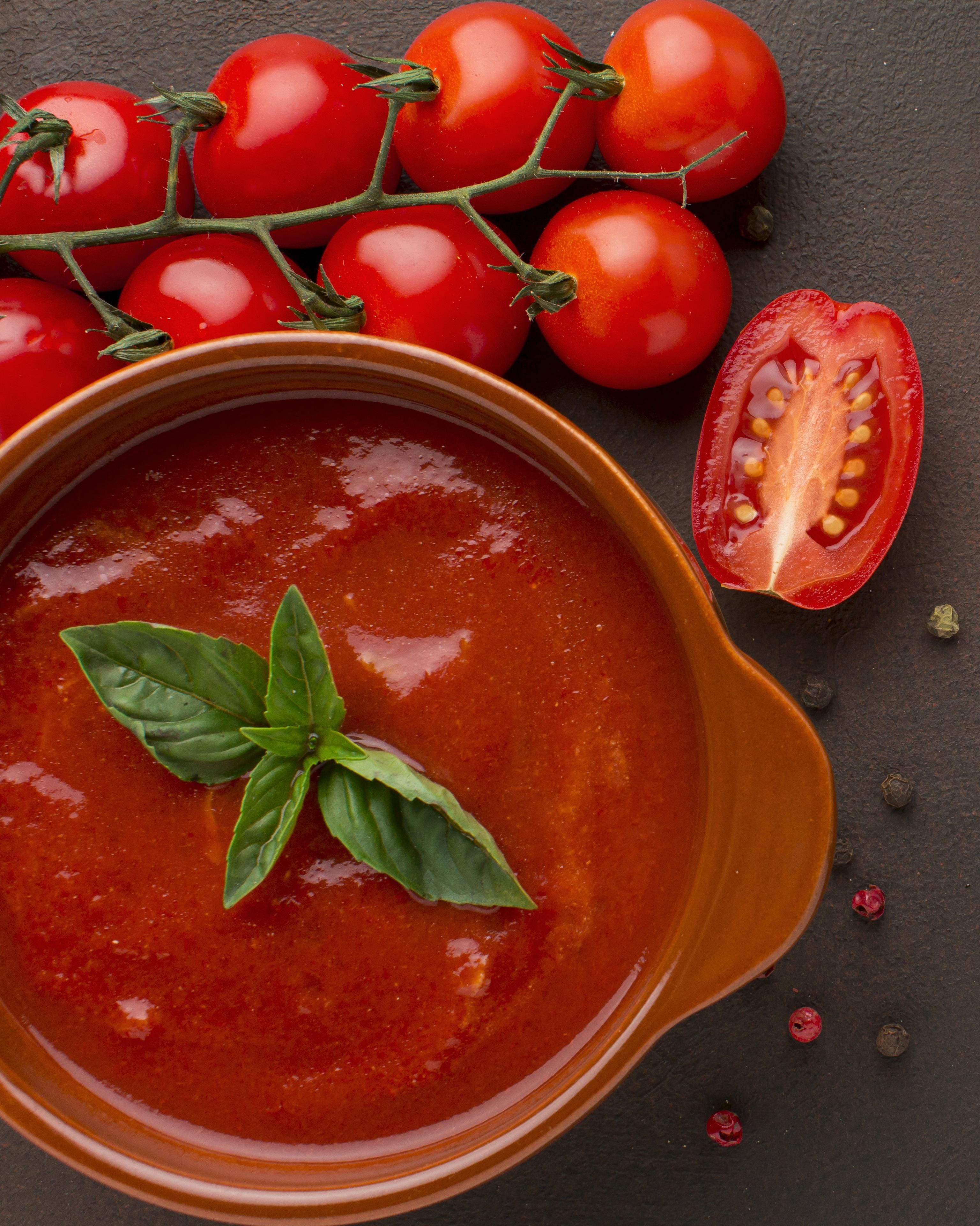 top view winter tomato soup bowl